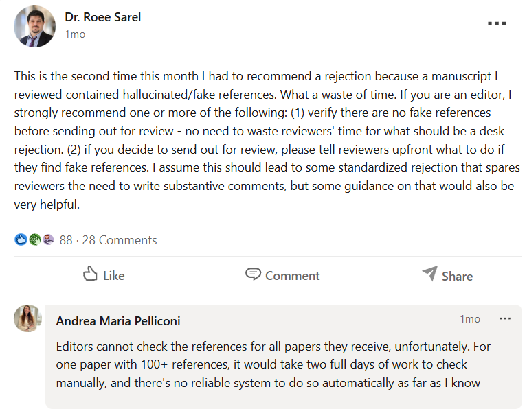 Excerpt from a public LinkedIn post urging editors to verify references before review