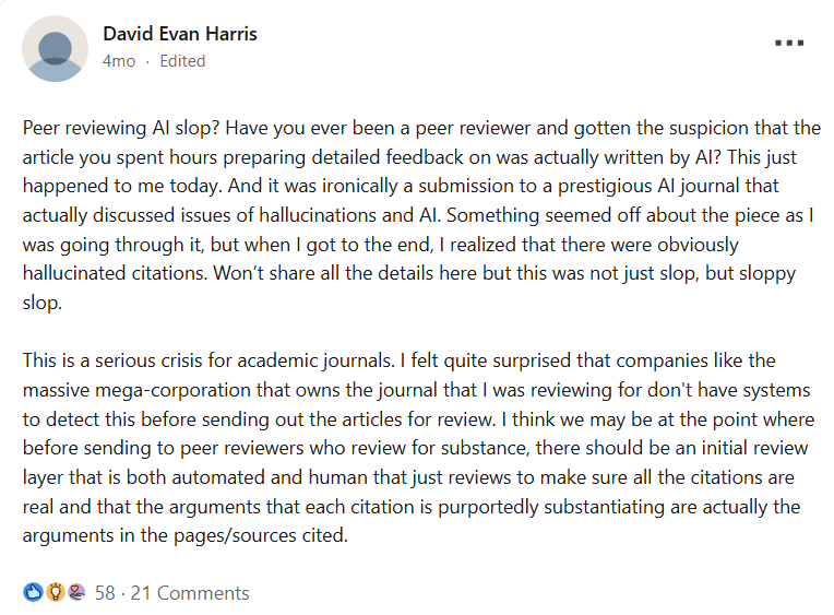 Excerpt from a public LinkedIn post describing hours spent before hallucinated citations were discovered