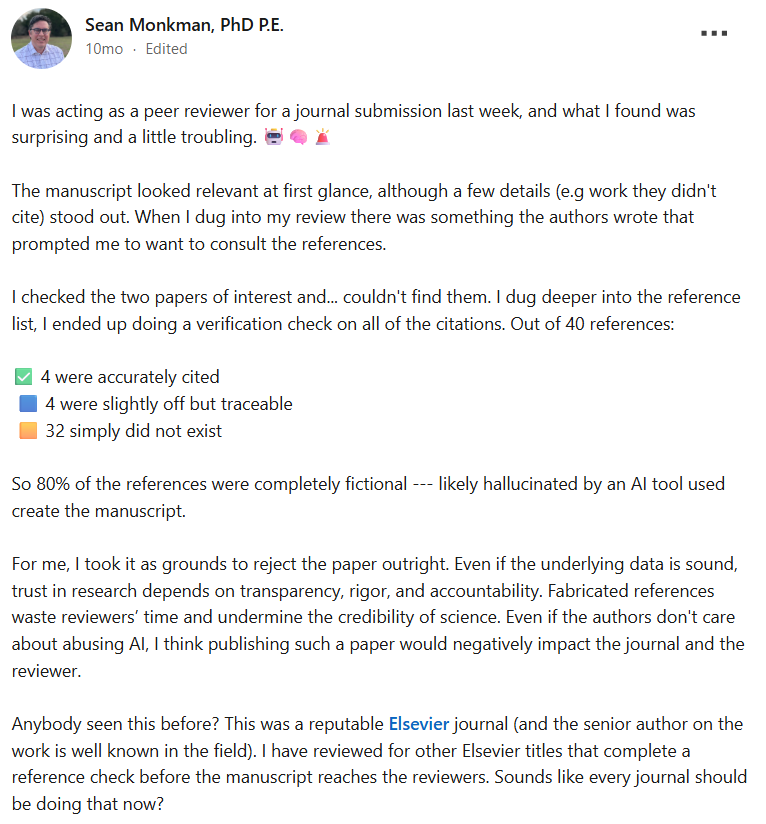 LinkedIn post by Sean Monkman reporting that 32 of 40 checked references appeared not to exist