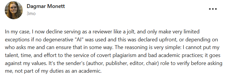 Excerpt from a public LinkedIn post saying verification should happen before a reviewer is asked