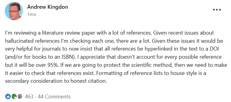 LinkedIn post by Andrew Kingdon describing the burden of checking every reference because of hallucination concerns